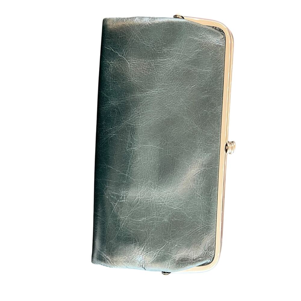HOBO International Dark Green Leather Kiss Lock Frame Clutch Wallet Vintage